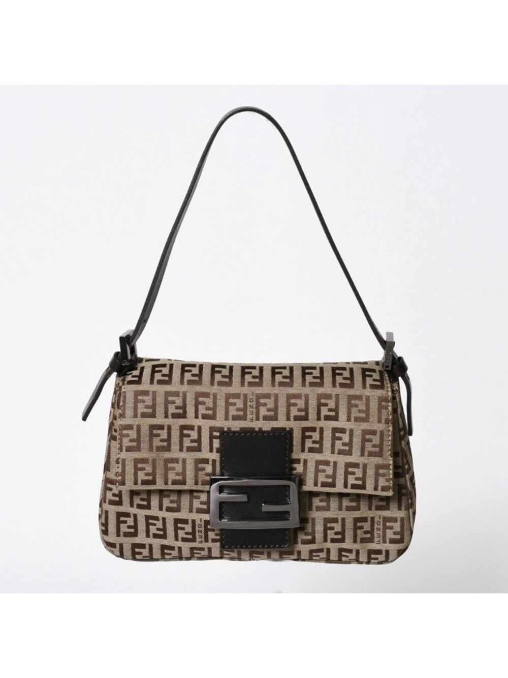 Fendi Mamma Bucket Bag Beige Dark Brown Zucchino Pattern FF Buckle Black Metal